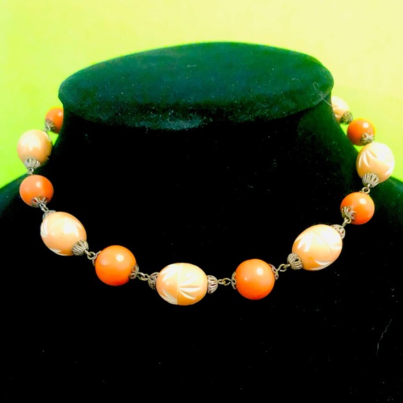 RARE Vintage Carved Bakelite Beaded with Sterling Silver Necklace - Picture 3 of 12